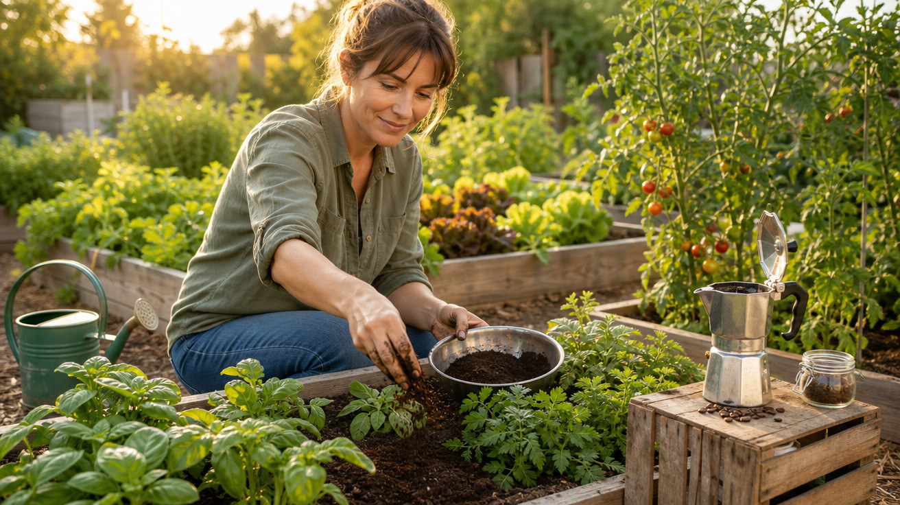 Mulher a cultivar ervas num jardim urbano ao pôr do sol, com cafeteira e regador ao lado.