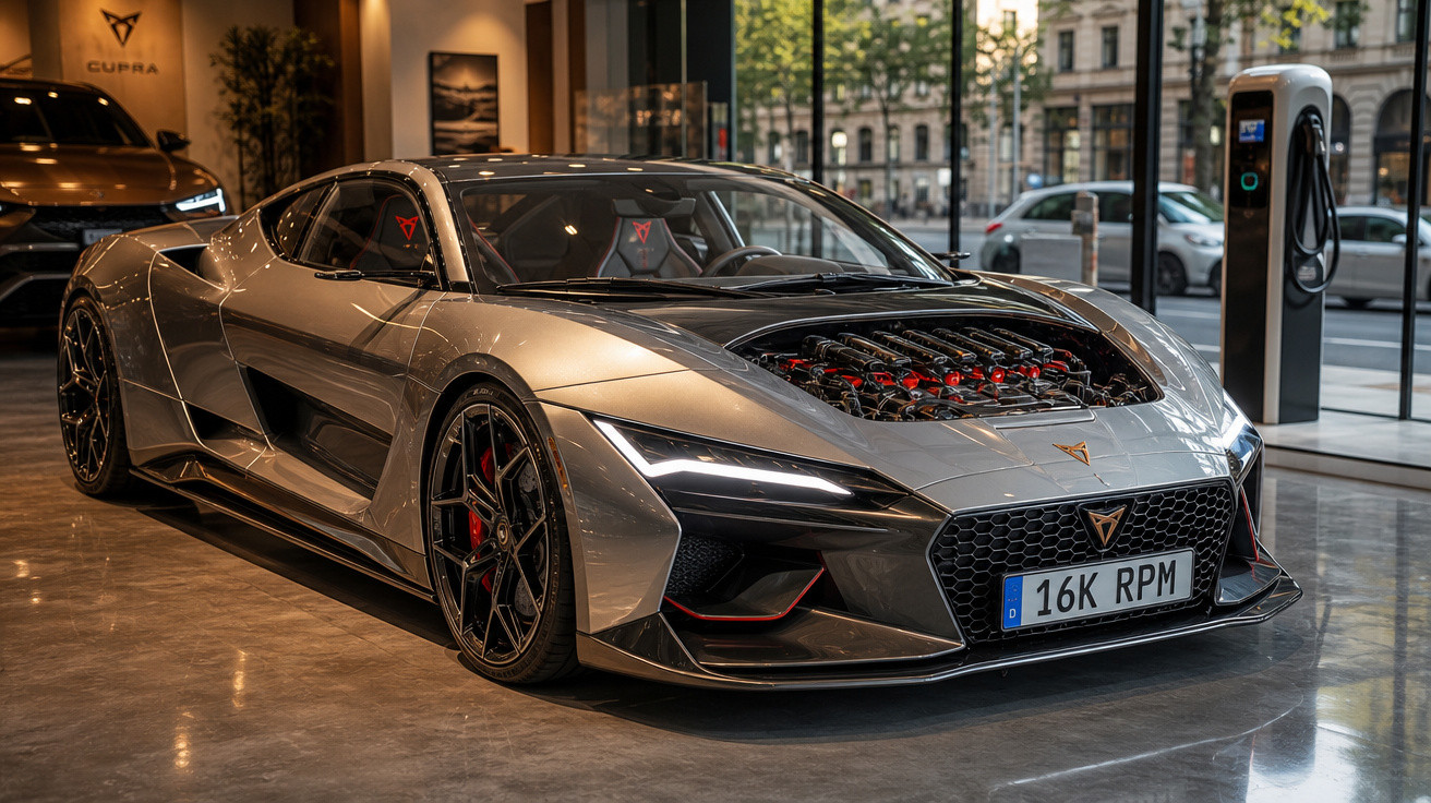 Carro desportivo Cupra elétrico prateado com motor visível na frente, exibido numa sala de exposição moderna.