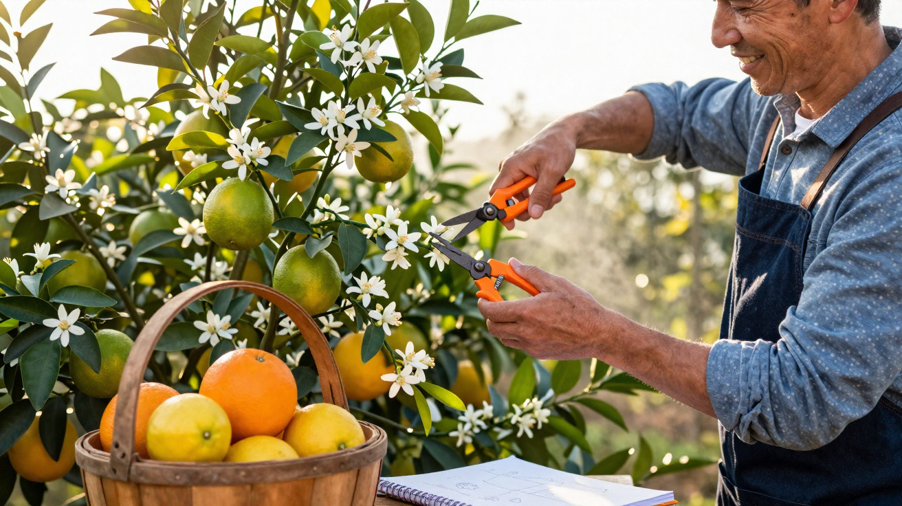 Homem a podar flores de laranjeira junto a cesta com laranjas e limões num pomar ao sol.