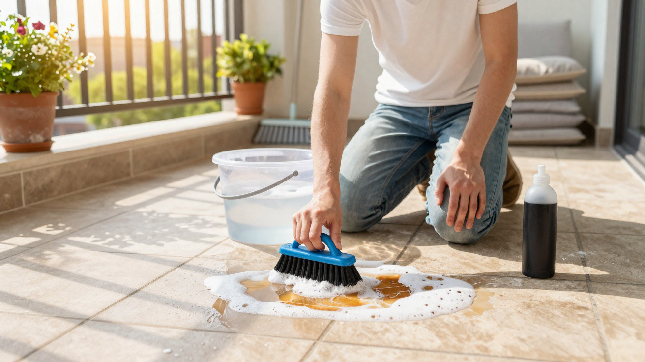 Pessoa a limpar chão com escova e detergente num terraço com plantas em vasos e luz solar.