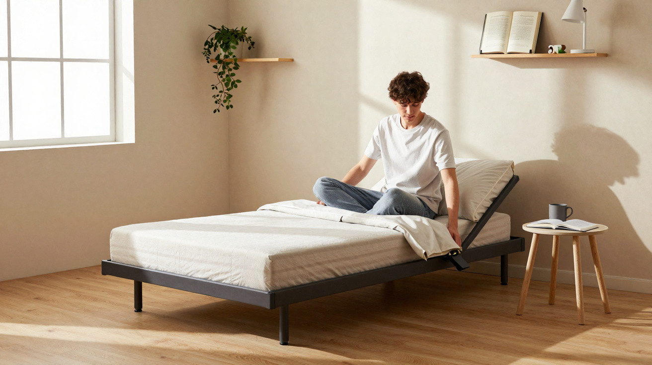 Jovem sentado numa cama moderna reclinada, numa divisão luminosa e minimalista com decoração simples.