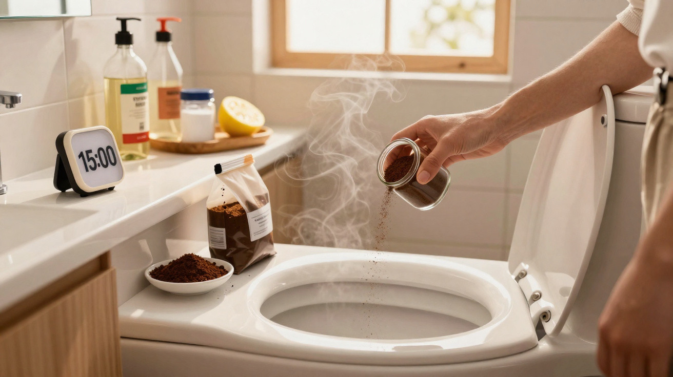 Pessoa a despejar café moído no vaso sanitário, com vapor a subir, numa casa de banho iluminada.