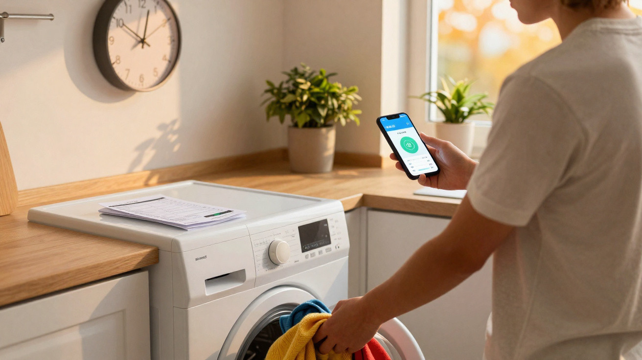 Pessoa a usar smartphone para controlar máquina de lavar roupa numa cozinha iluminada.