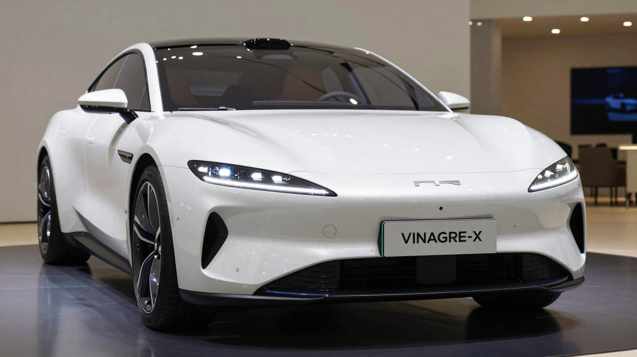 Carro desportivo elétrico branco VINAGRE-X com design aerodinâmico exibido num showroom moderno.