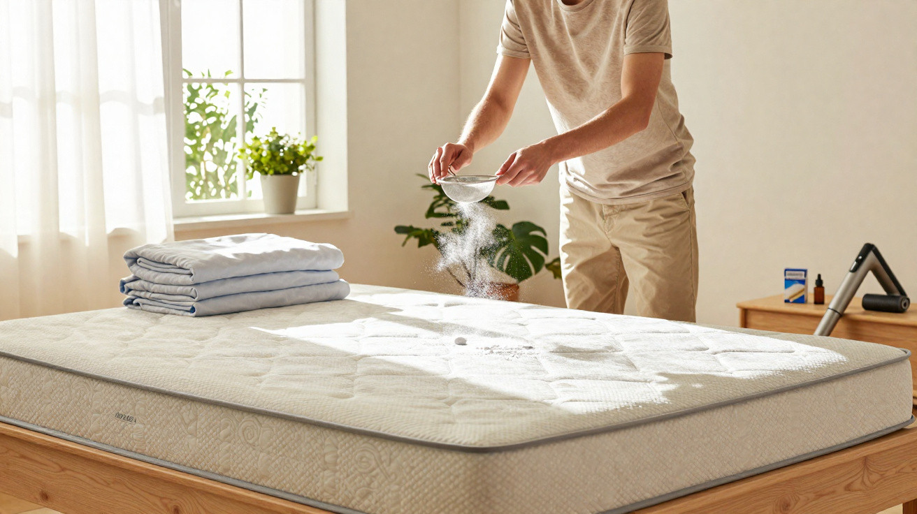 Pessoa a aplicar pó para limpeza num colchão numa divisão iluminada e arejada com plantas e roupa dobrada na cama.