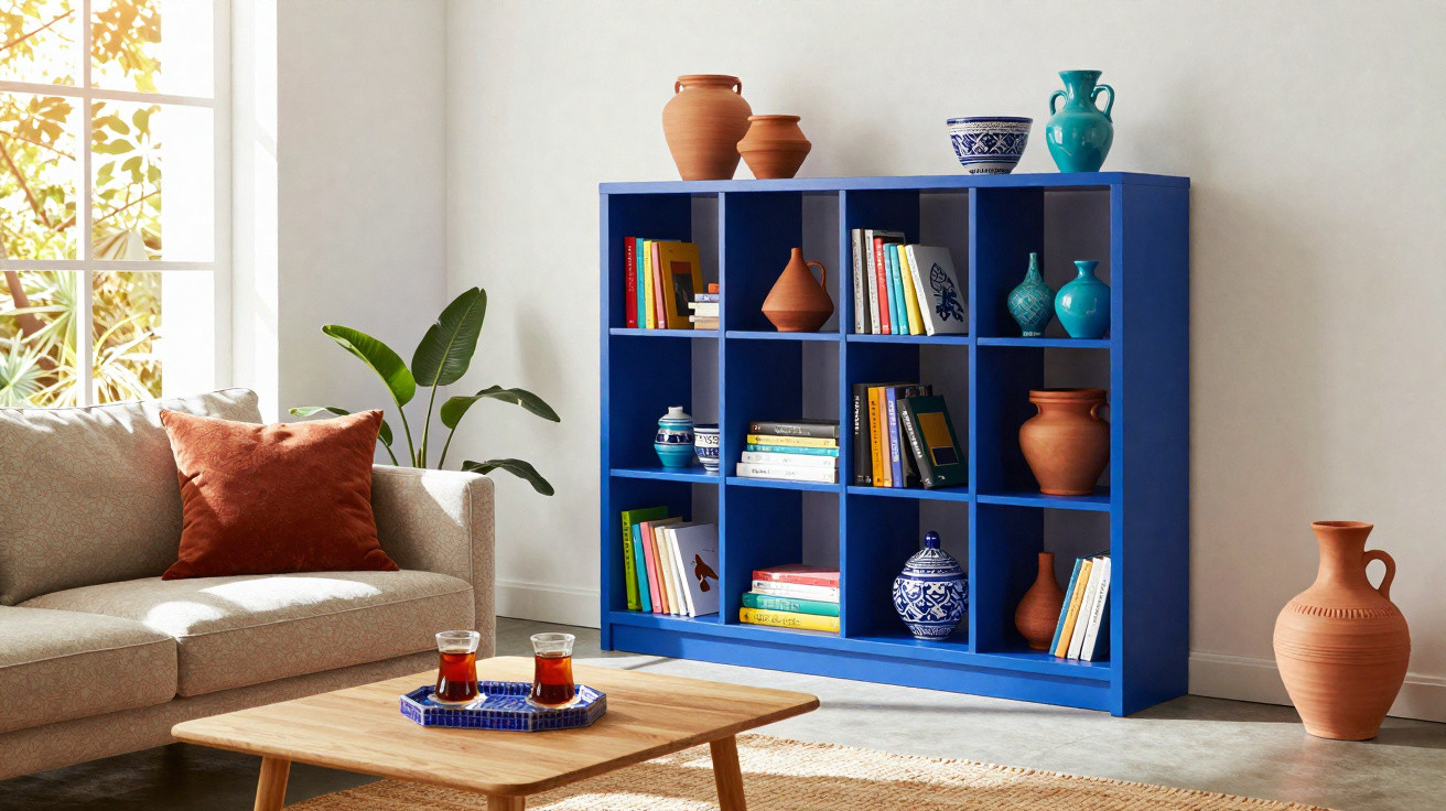 Estante azul com livros e vasos decorativos, sofá bege com almofada laranja, mesa de centro e plantas.