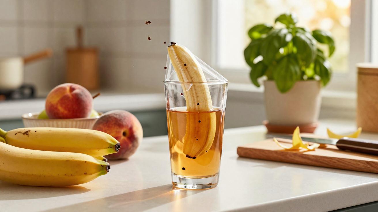 Copo com líquido e banana, rodeado por moscas na bancada da cozinha com frutas e planta.