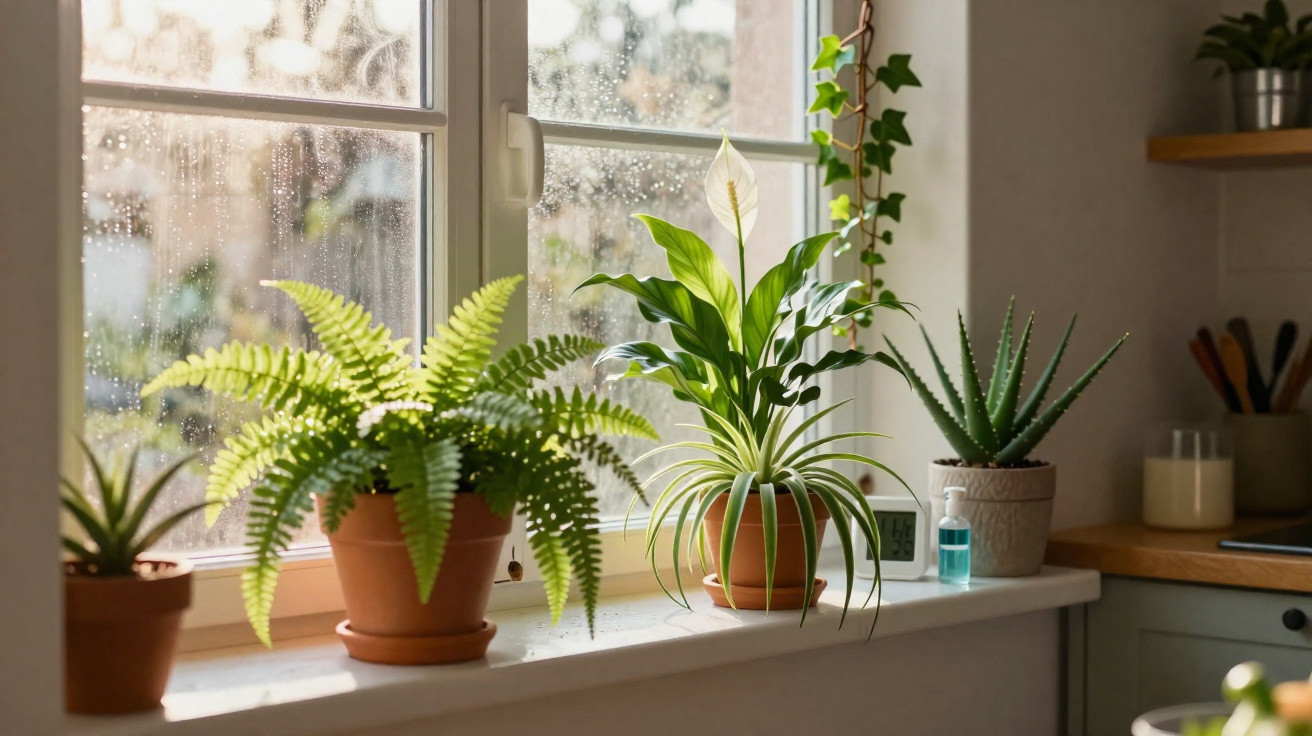 Plantas em vasos variados sobre o parapeito de uma janela com gotas de chuva e luz natural.