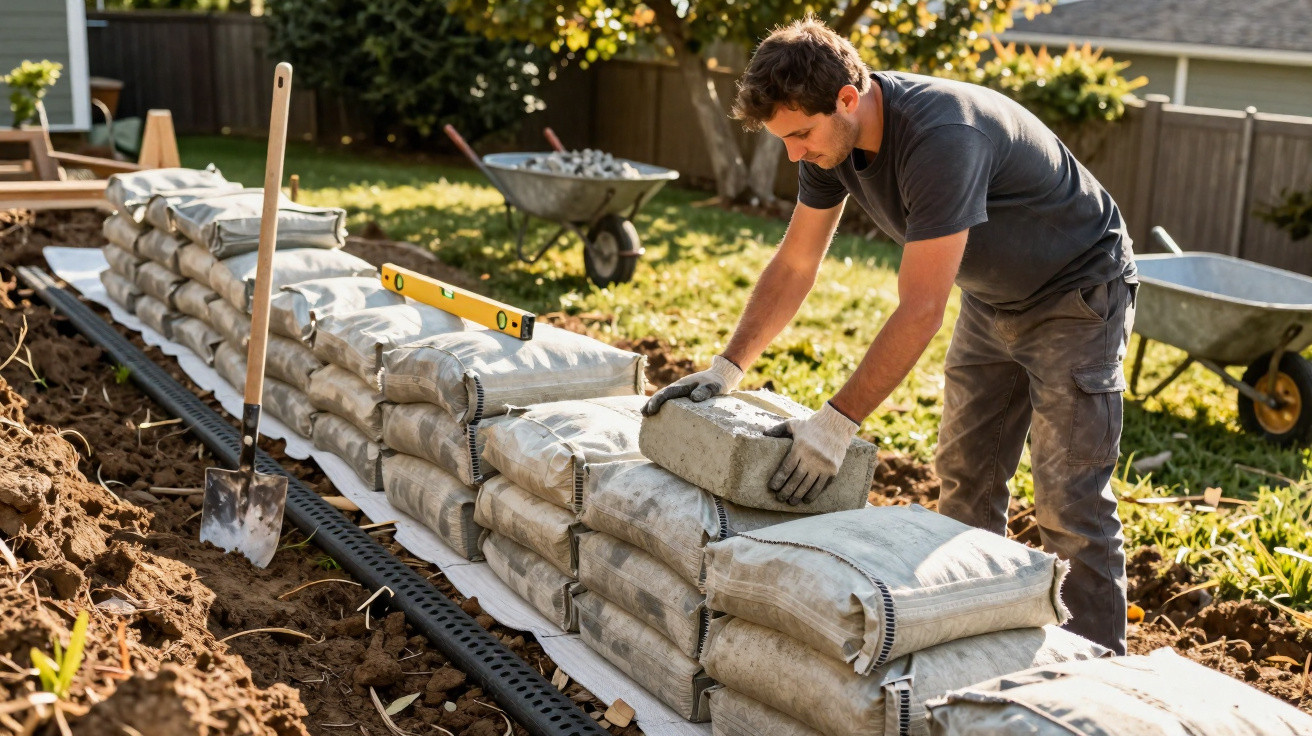 Homem a construir muro com sacos cheios de terra em jardim, com ferramentas e carrinhos de mão.