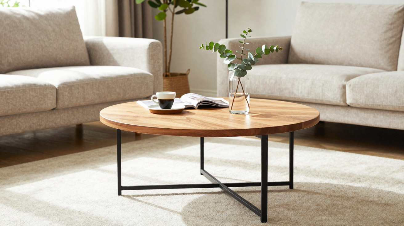 Mesa de centro redonda em madeira com vaso de plantas e chávena de café entre dois sofás cinza.