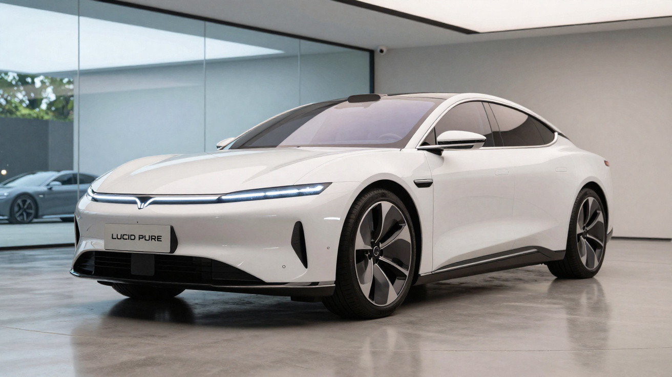 Carro elétrico Lucid Pure branco estacionado em garagem moderna com paredes e chão cinzentos.