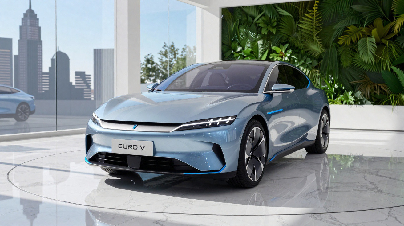 Carro elétrico azul Euro V estacionado em salão moderno com parede verde e janelas panorâmicas.