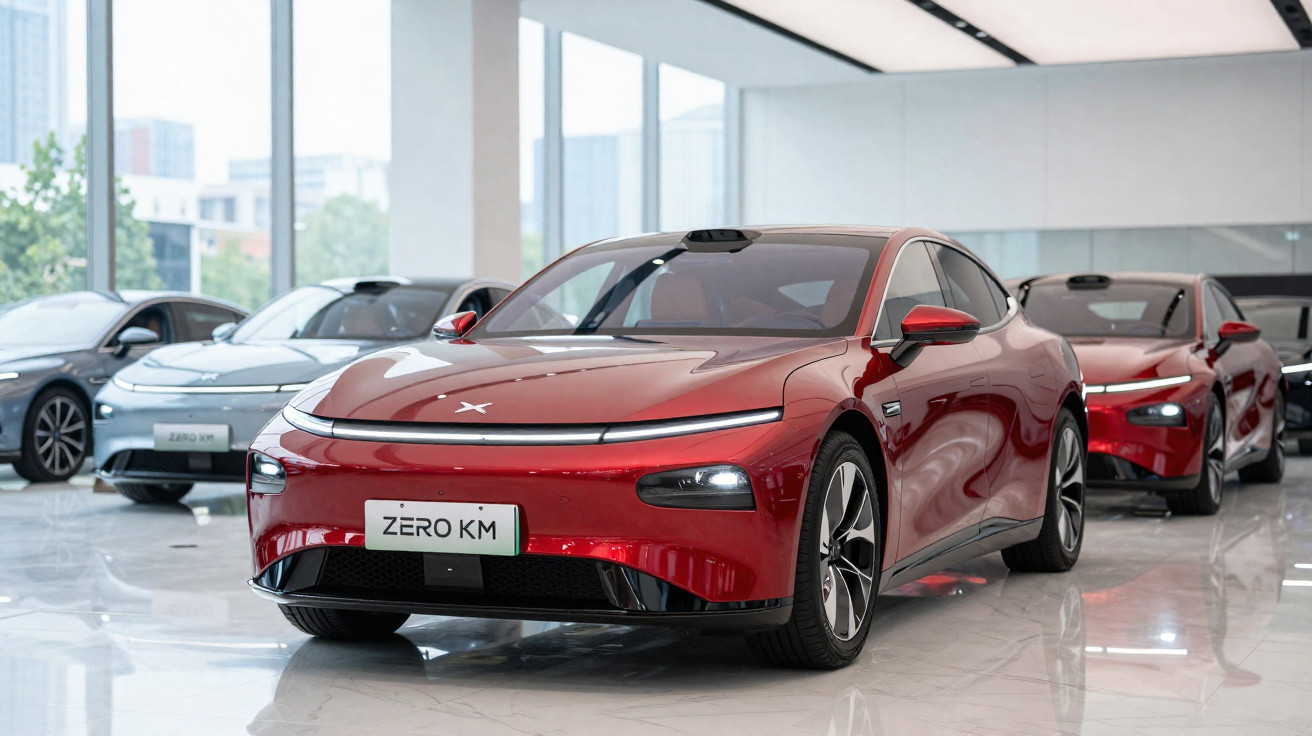 Carros elétricos de cor vermelha expostos numa garagem moderna com placa "ZERO KM".