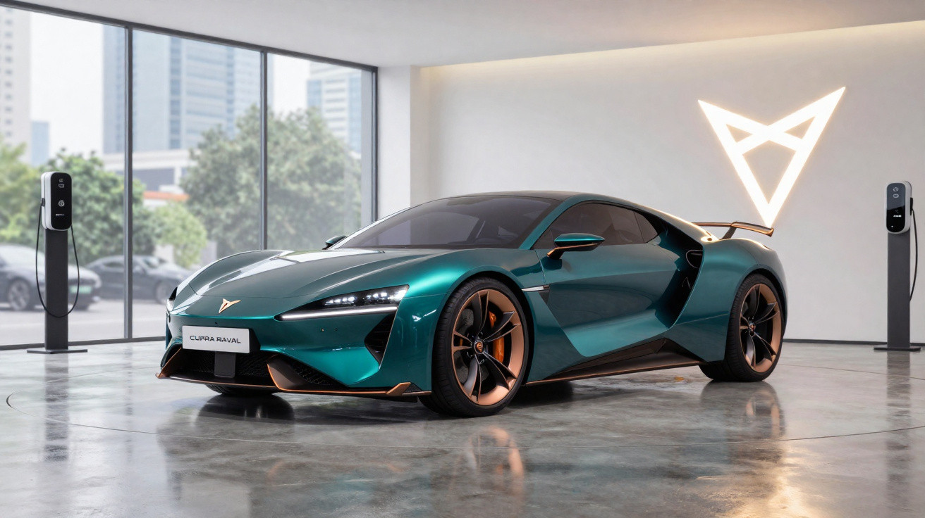 Automóvel desportivo elétrico Cupra Raval verde em garagem moderna com pontos de carregamento.
