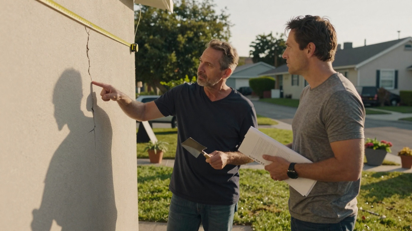 Dois homens inspecionam uma fissura numa parede exterior de uma casa, um segura uma espátula e o outro um caderno.
