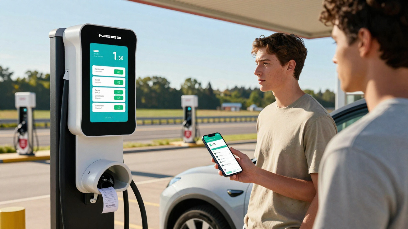 Dois homens junto a uma estação de carregamento de veículos elétricos a operar um smartphone.