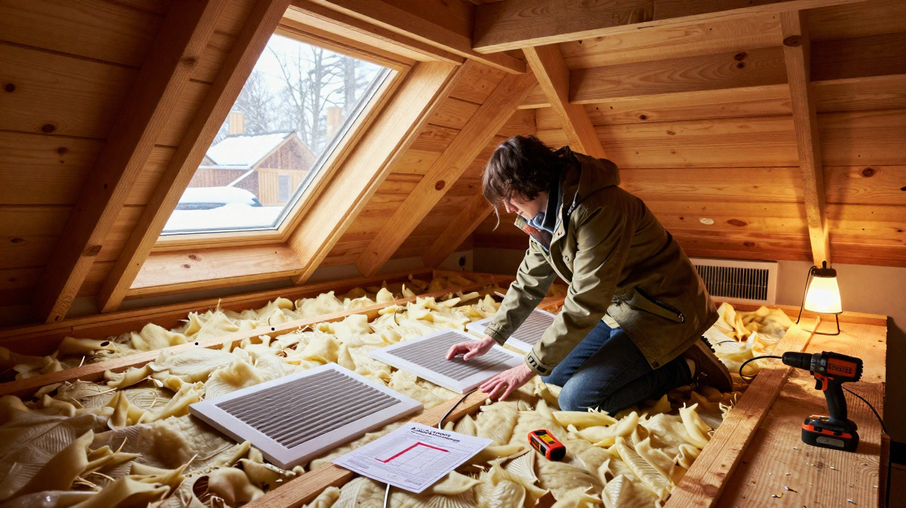 Pessoa a instalar ventilação numa sótão com isolamento térmico e luz natural através de claraboia.