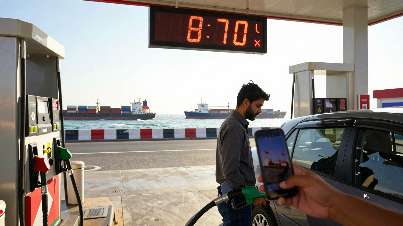 Homem a abastecer carro numa bomba de gasolina junto ao mar com navios ao fundo e um visor digital.