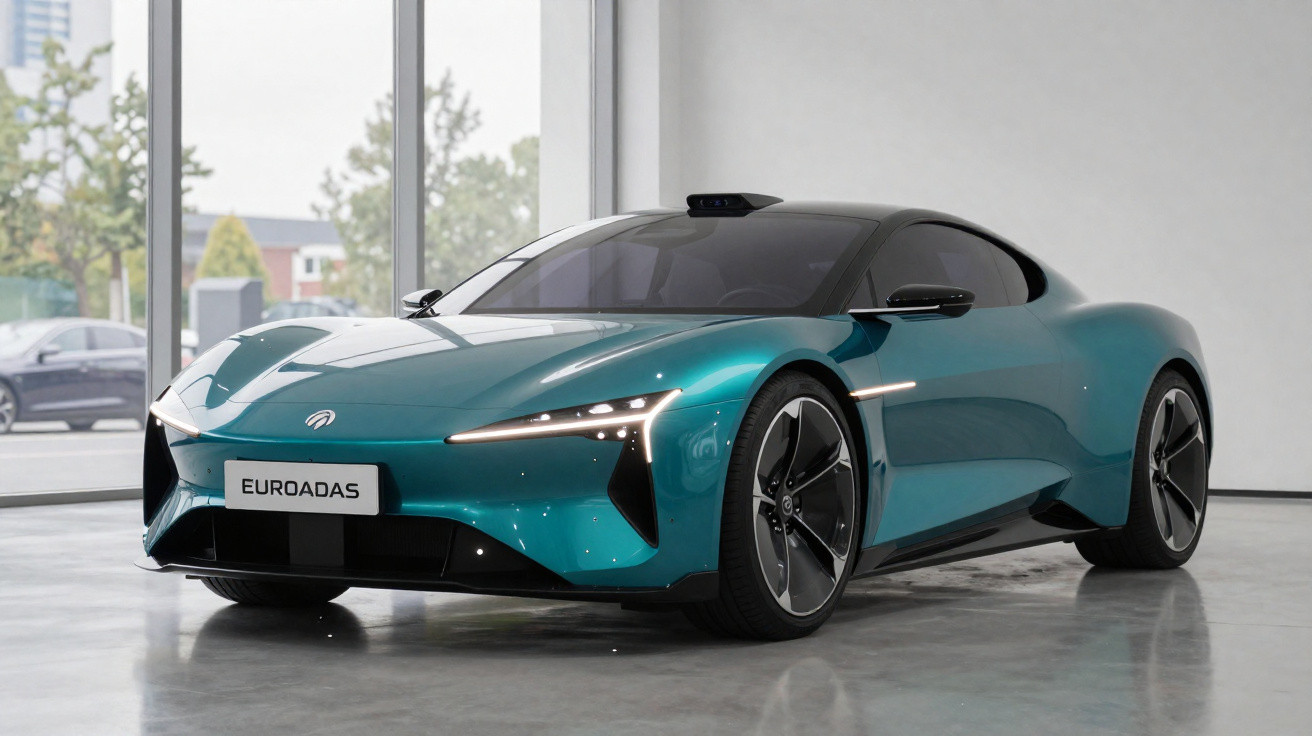 Carro desportivo elétrico azul em exposição interior com design futurista e jantes grandes.