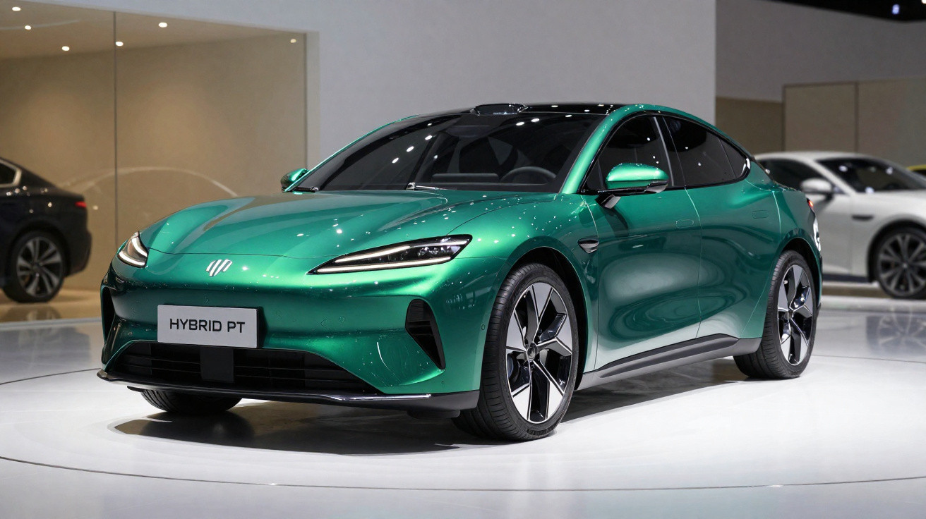 Carro desportivo híbrido verde metálico exibido numa sala de exposição de automóveis moderna.