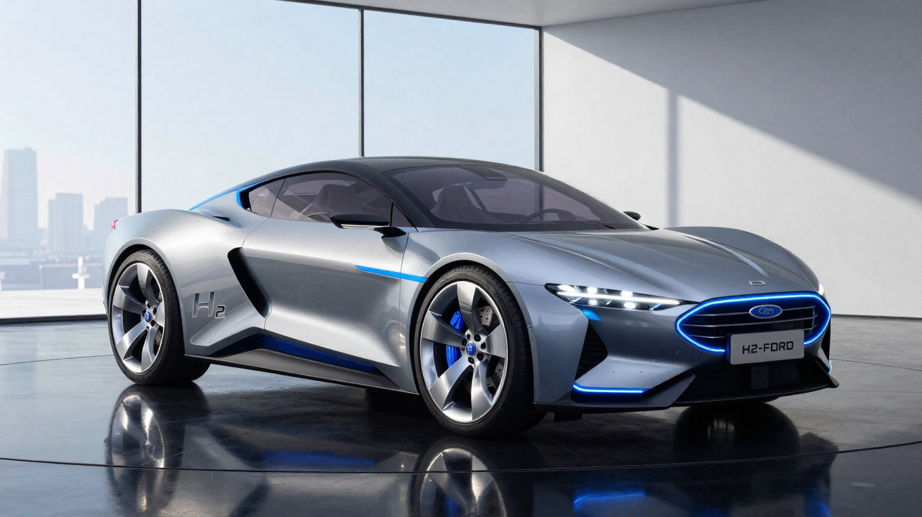 Carro desportivo cinza prateado Ford H2 com detalhes em azul numa sala moderna com vidro grande.