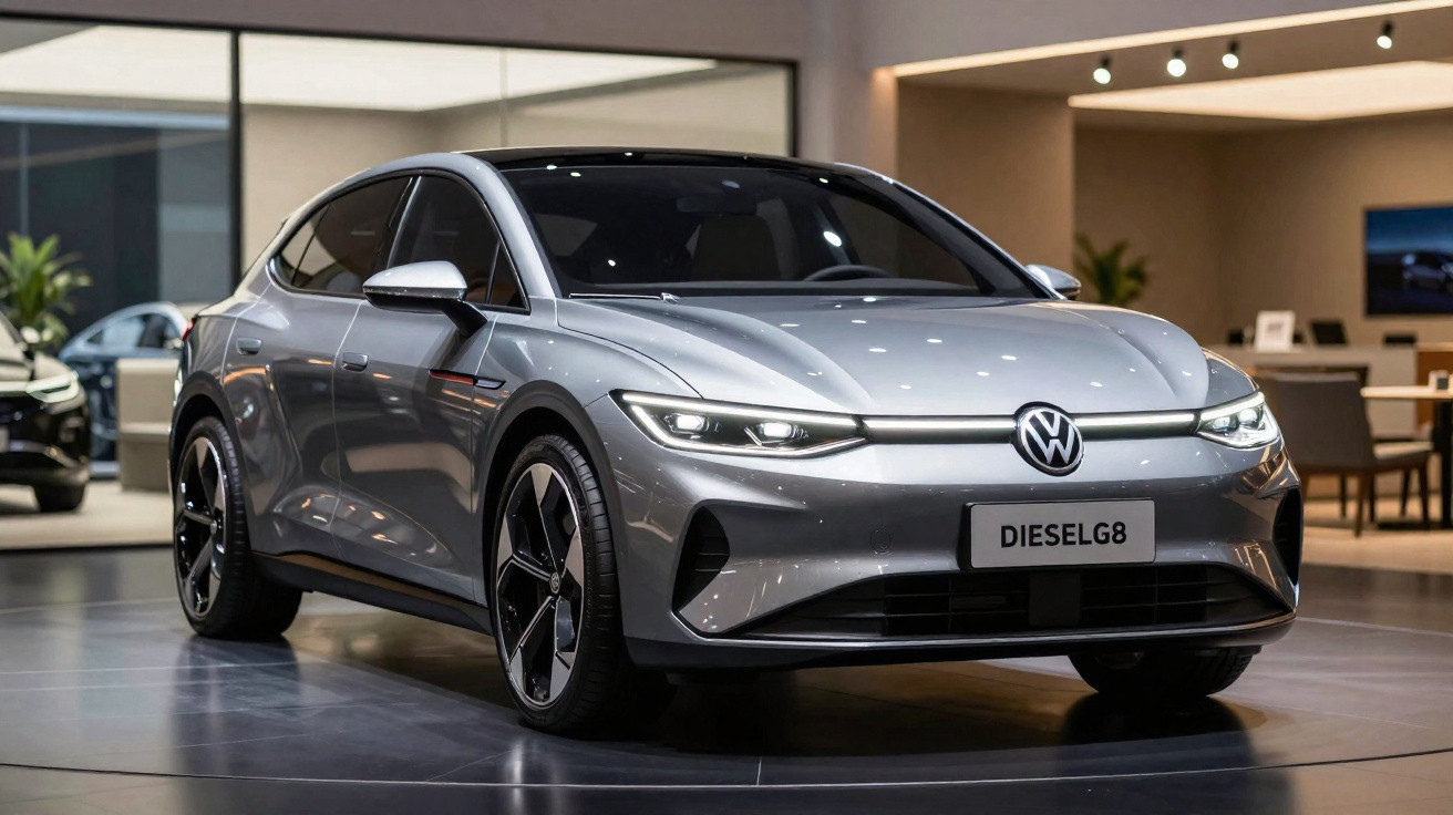 Automóvel elétrico Volkswagen cinza prata exibido em salão de exposições moderno e iluminado.