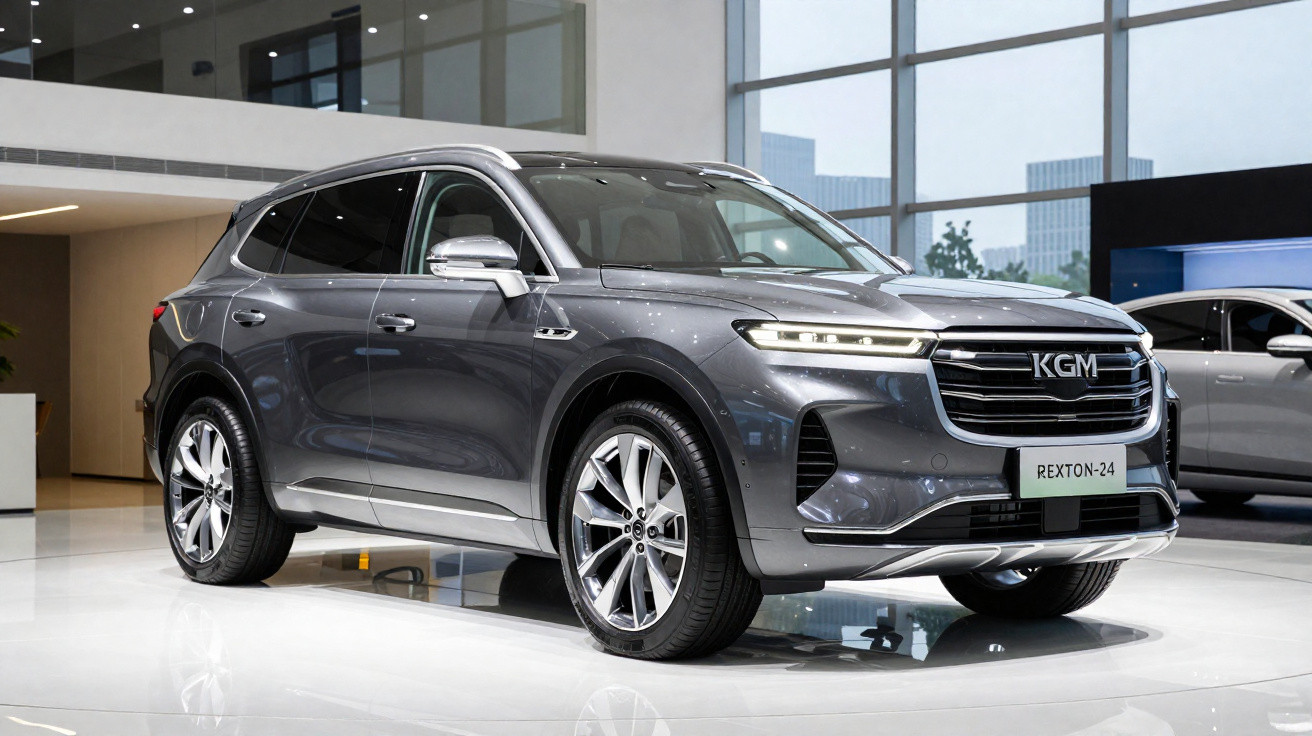 SUV cinzento metalizado KGM Rexton-24 estacionado dentro de showroom moderno com janelas grandes.