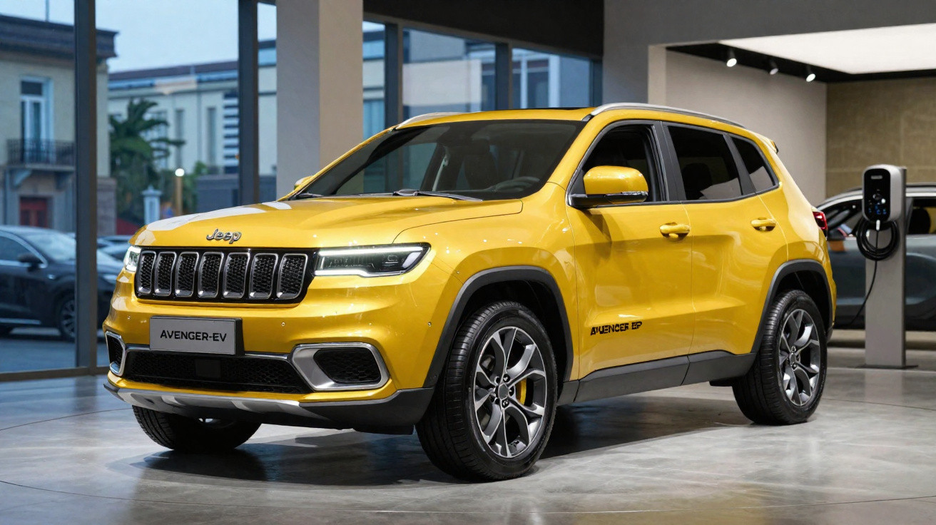 SUV eléctrico Jeep Avenger EV amarelo estacionado em showroom moderno com luz natural.