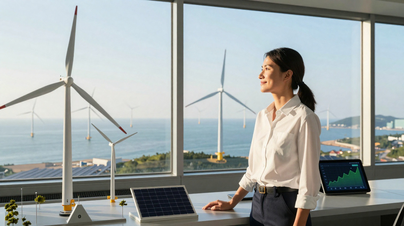 Mulher em escritório a observar modelos de turbinas eólicas e painel solar numa mesa, com vistas para o mar.