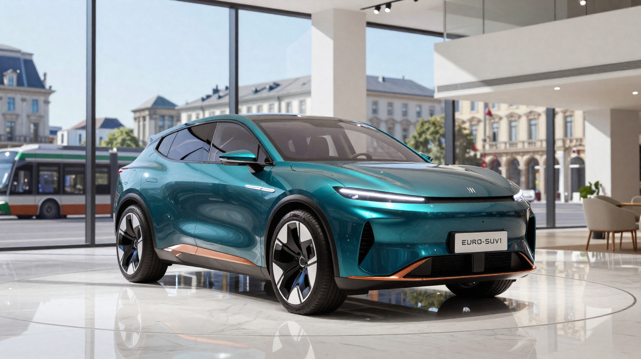 Automóvel elétrico verde metálico modelo Euro-SUV1 exibido em ambiente de showroom com janelas grandes.
