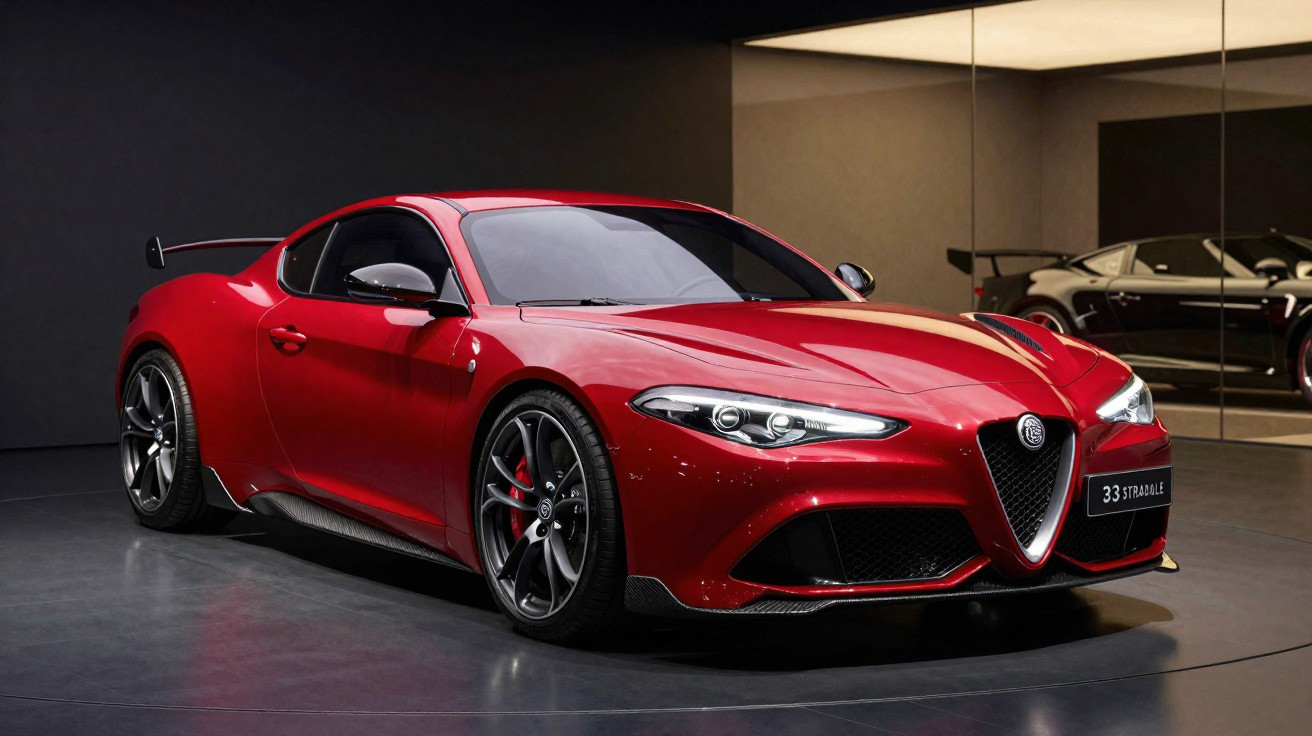 Carro desportivo Alfa Romeo vermelho com design aerodinâmico e faróis LED, exposto em sala moderna com espelhos.