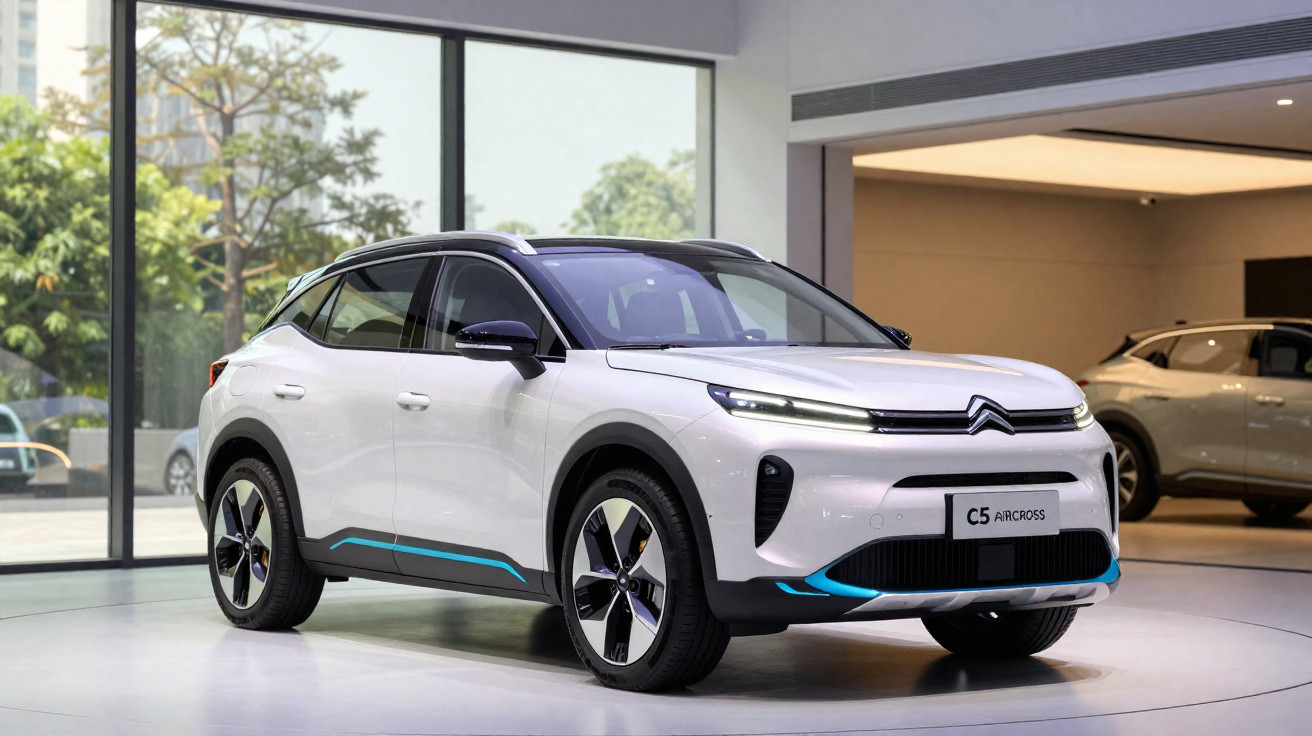 Automóvel Citroën C5 Aircross branco com detalhes azuis exibido numa sala de exposição moderna e iluminada.