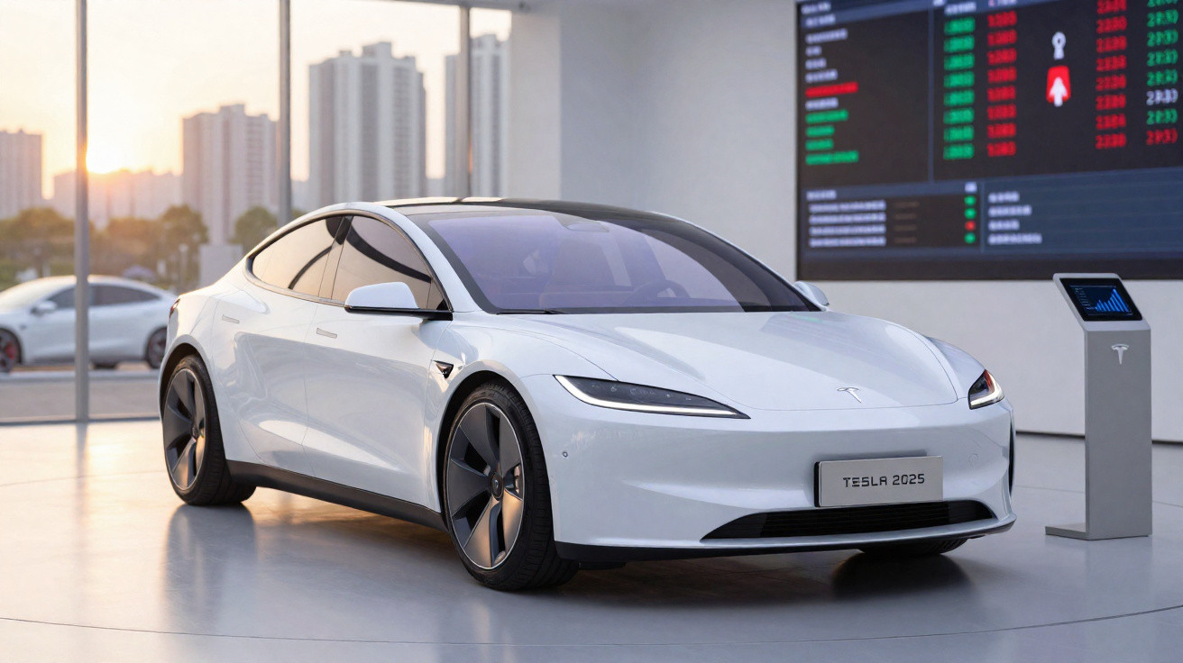Carro elétrico Tesla 2025 branco exposto num showroom moderno com vista para edifícios ao pôr do sol.