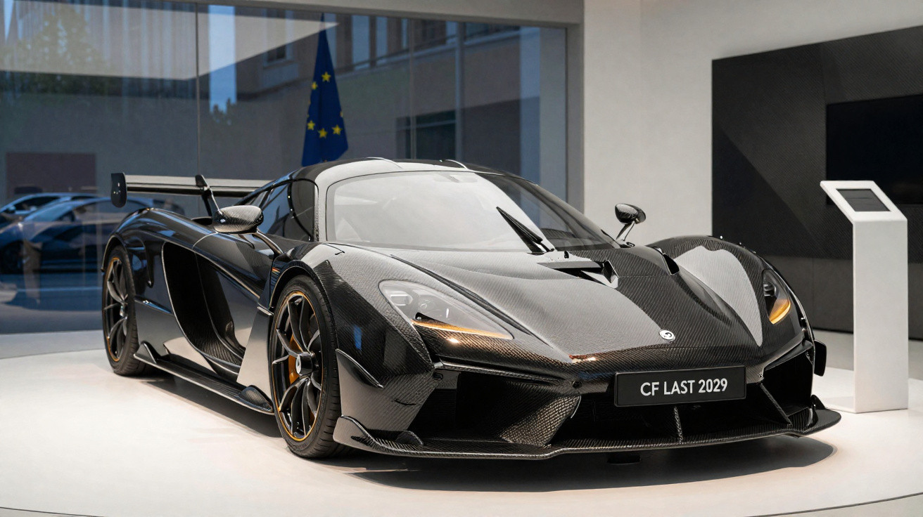 Carro desportivo preto com corpo em fibra de carbono exibido em sala moderna com placa CF LAST 2029.