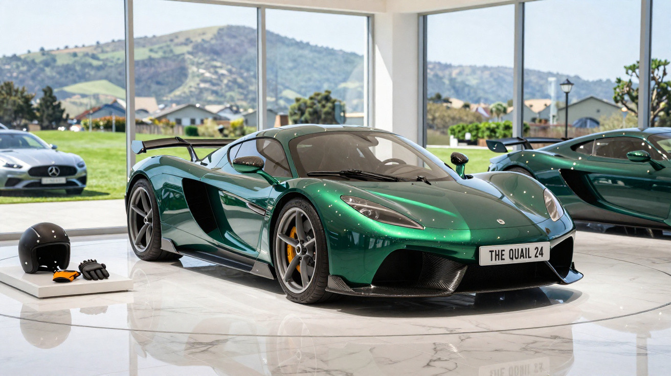 Carro desportivo verde metálico McLaren estacionado num salão moderno com capacete e luvas ao lado.