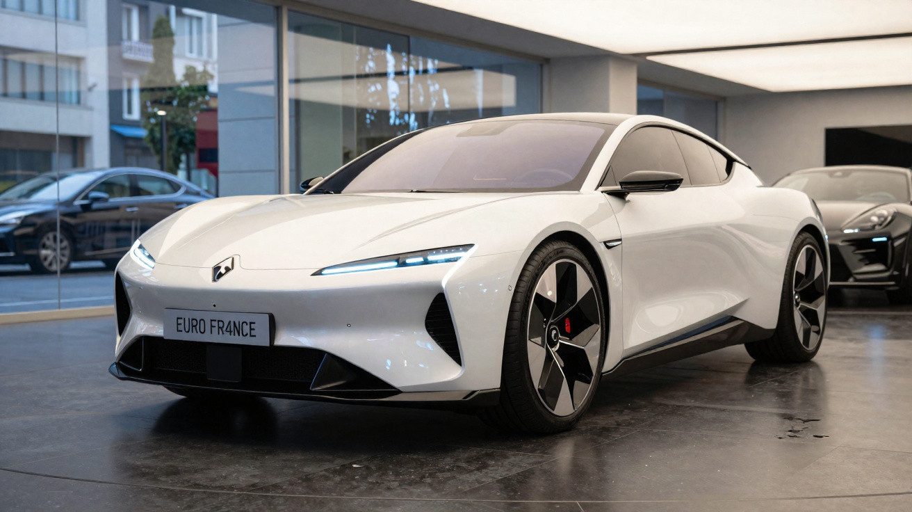 Carro desportivo eléctrico branco com design futurista numa exposição moderna em vidro.