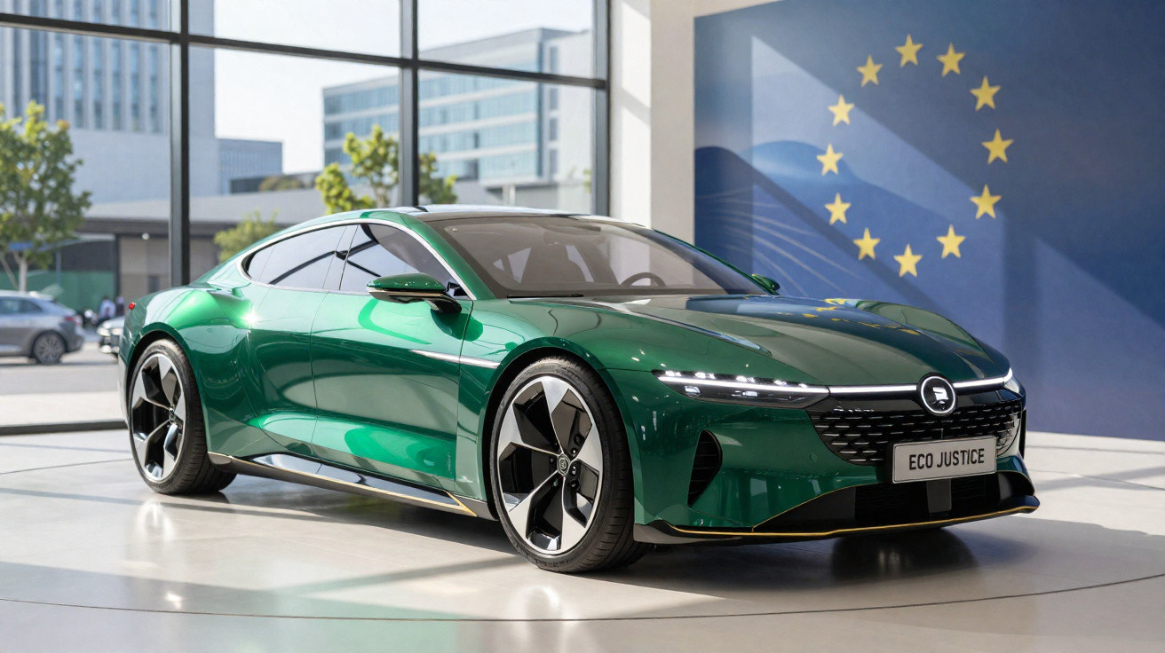 Carro desportivo eléctrico verde exposto numa sala com parede com bandeira da União Europeia.