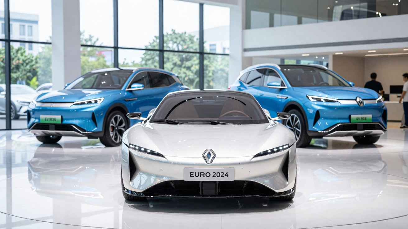 Três carros elétricos Renault, um prateado à frente e dois azuis no fundo, em exposição numa sala moderna.