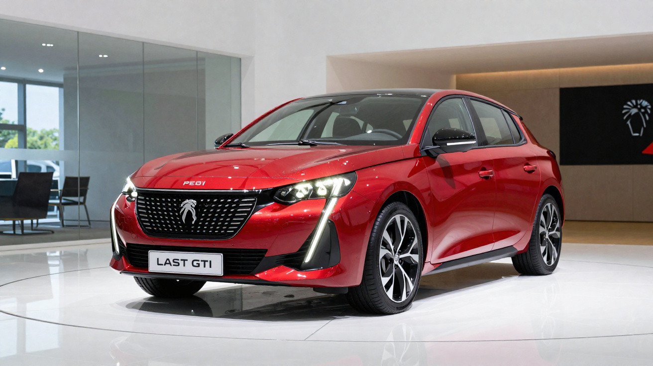 Peugeot 208 vermelho com faróis LED e design moderno exibido em ambiente interior claro.