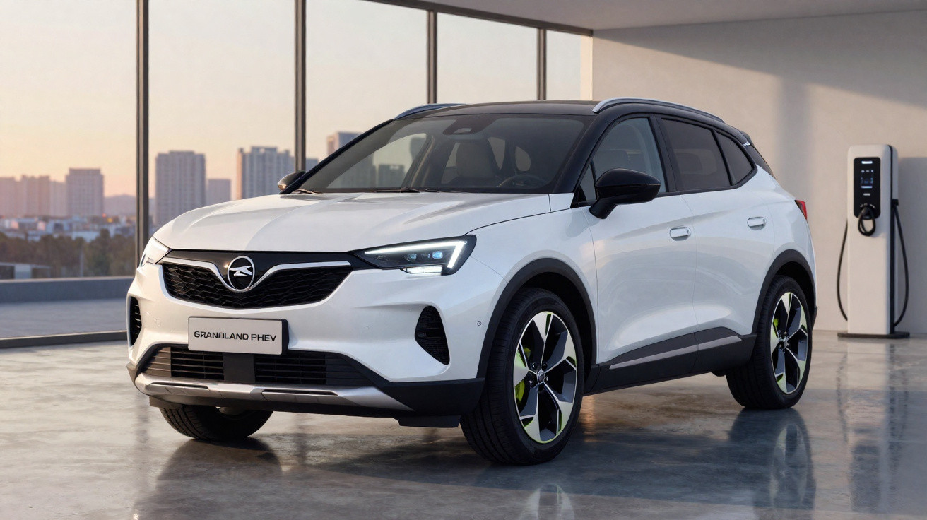 Carro elétrico Opel Grandland PHEV branco estacionado junto a posto de carregamento numa garagem moderna.