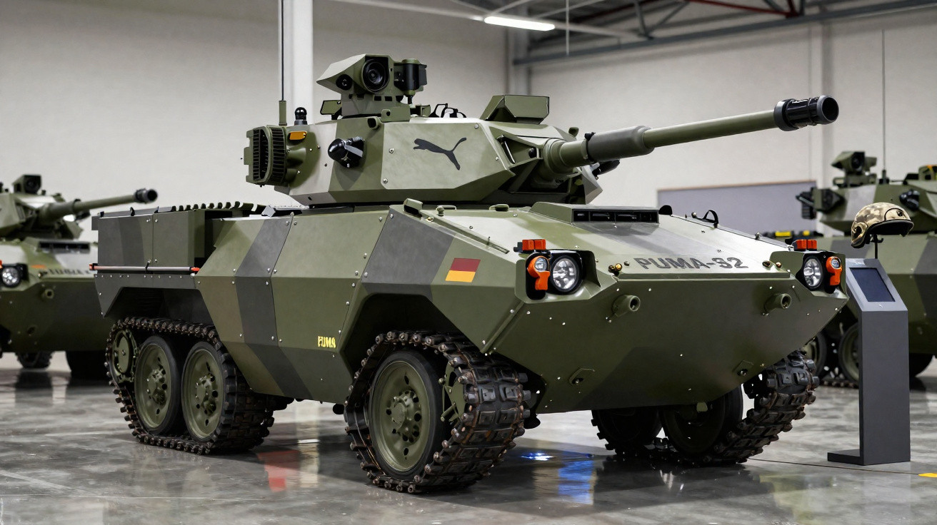 Veículo blindado militar verde com canhão exposto em exposição interior.