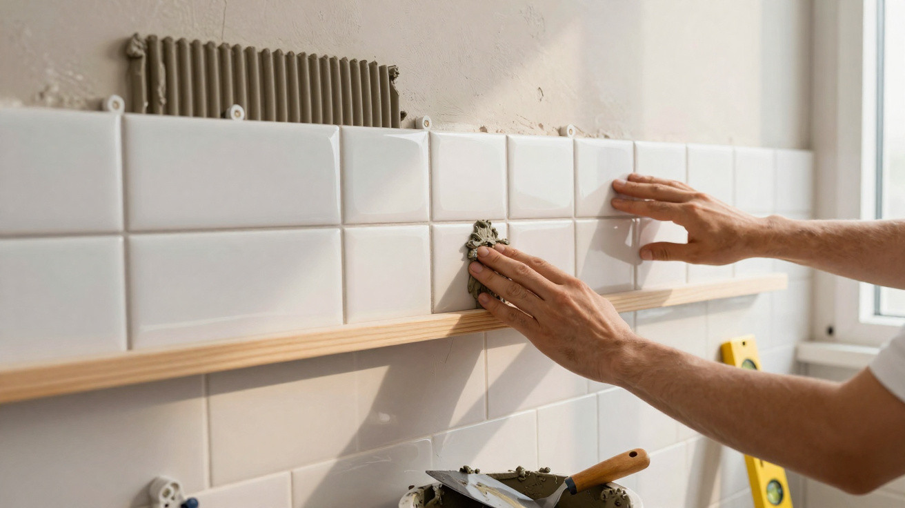 Pessoa a aplicar rejunte em azulejos brancos numa parede interior junto de uma janela.
