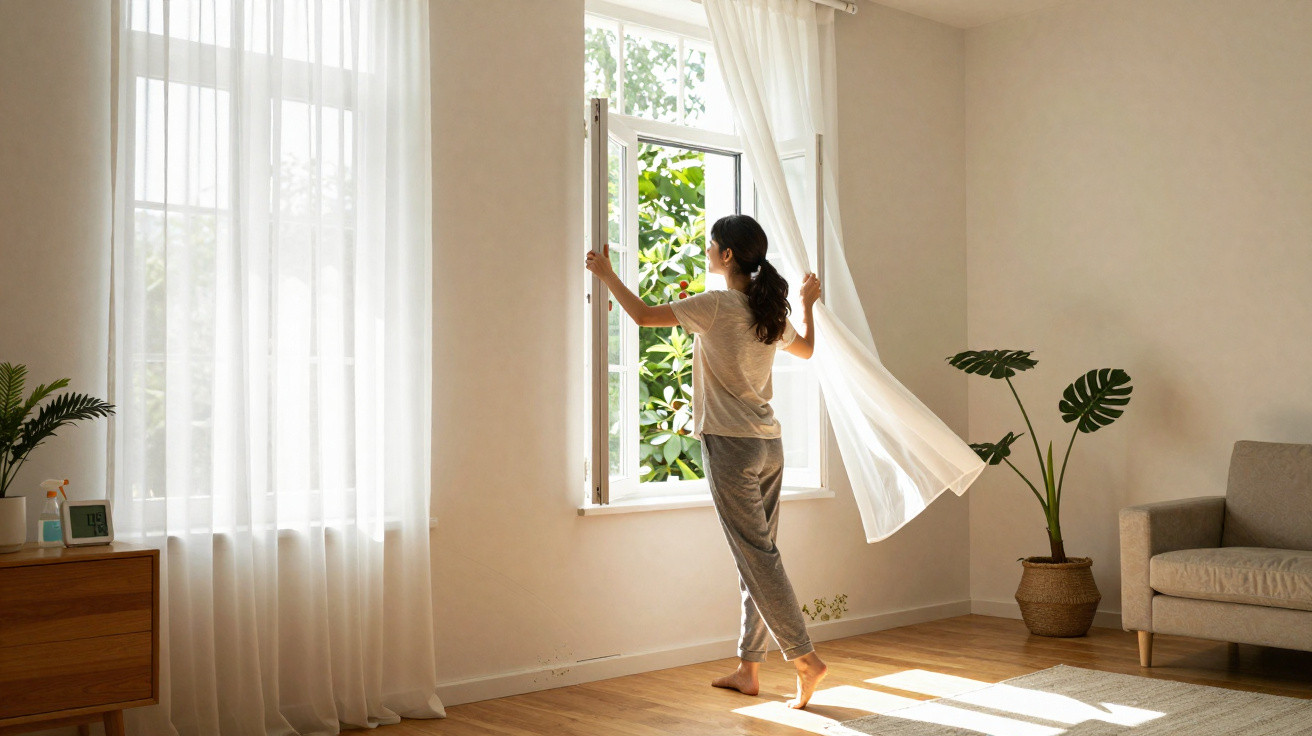 Mulher a abrir a janela numa sala luminosa com plantas e cortinas brancas a esvoaçar.