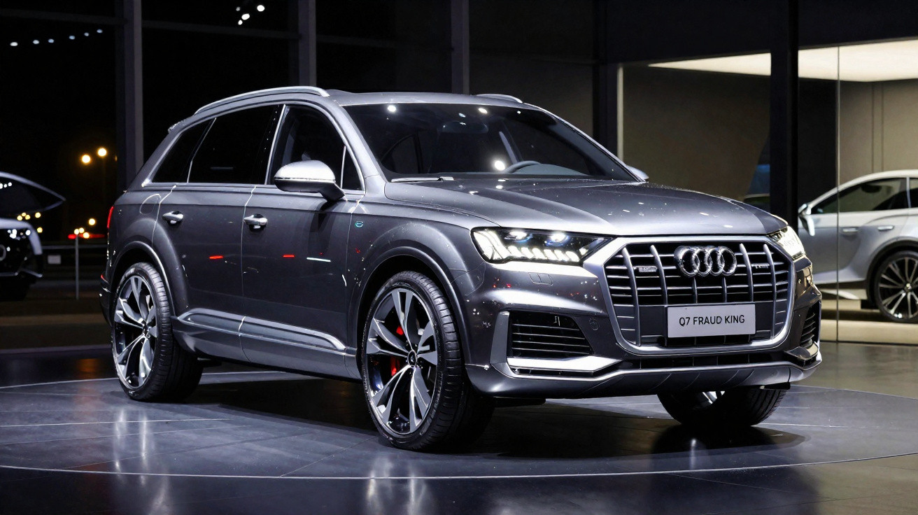 Audi Q7 cinzento estacionado num piso interior com luzes refletidas na carroçaria.