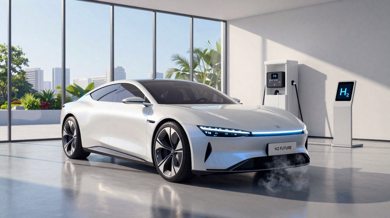 Carro elétrico branco estacionado numa estação de carregamento de hidrogénio num ambiente moderno e iluminado.