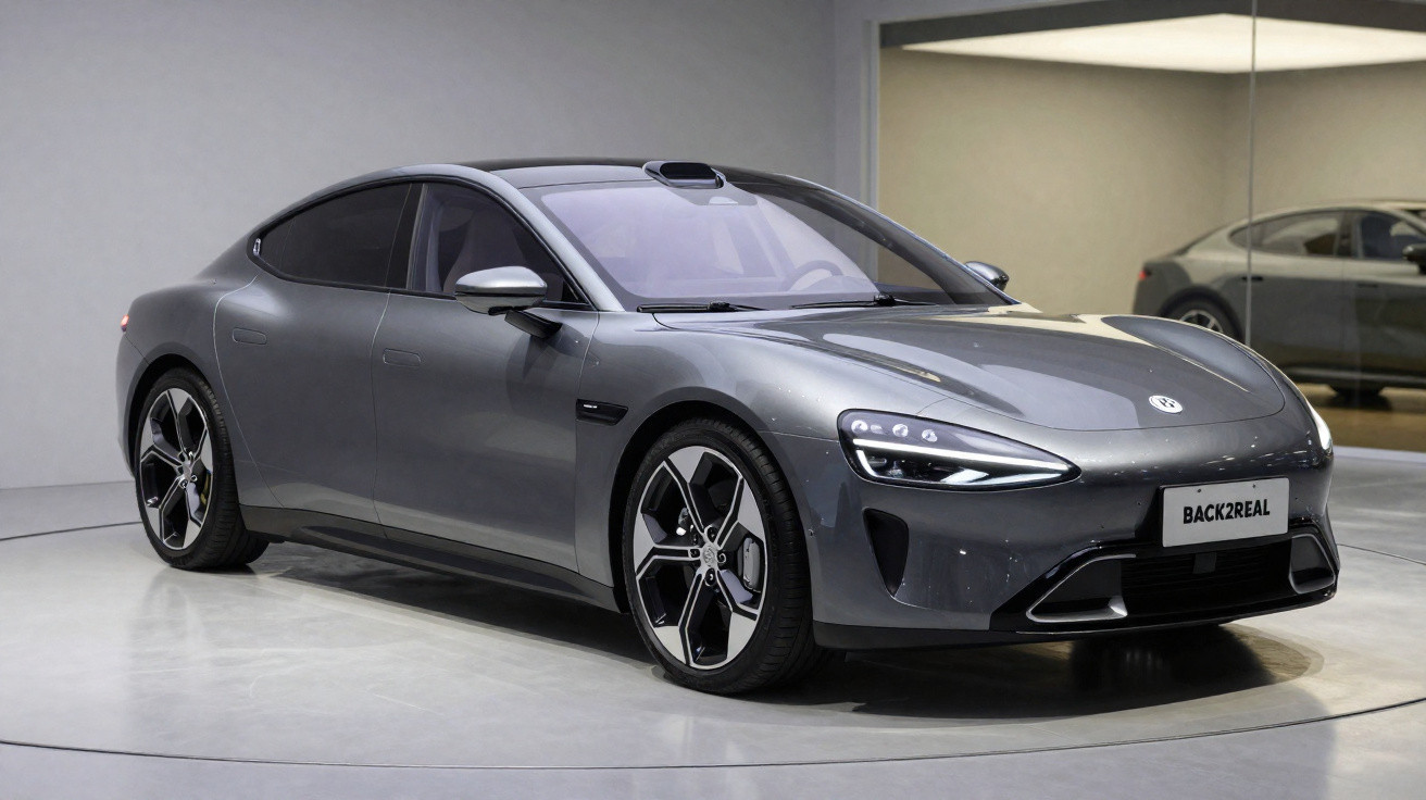 Carro elétrico cinzento moderno em destaque num espaço interior com espelhos na parede.