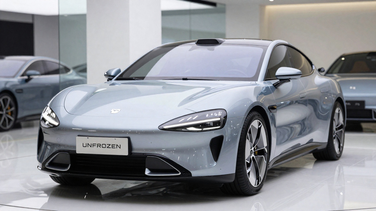 Carro elétrico desportivo prateado com design moderno em exposição numa sala branca brilhante.