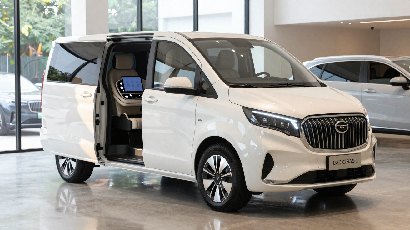Carrinha elétrica branca com porta lateral deslizante aberta em showroom moderno.