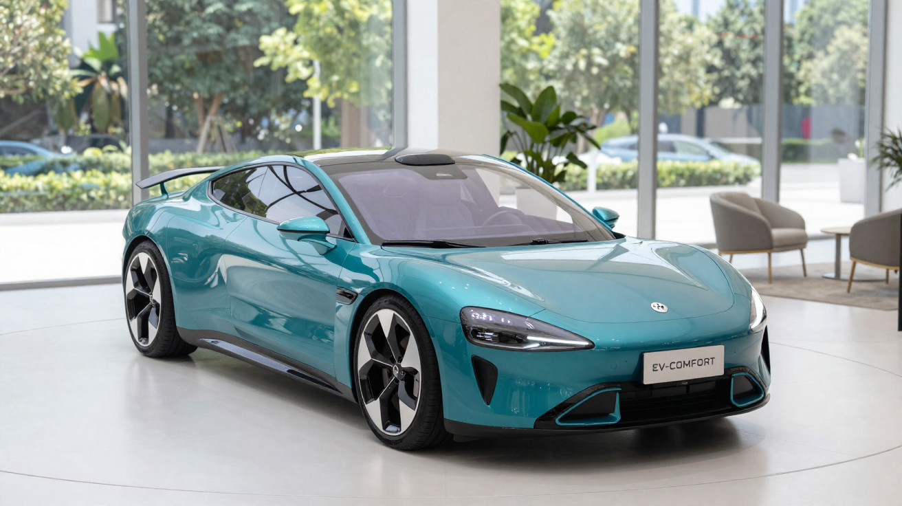 Carro elétrico desportivo azul esmeralda estacionado em espaço moderno com janelas amplas e cadeiras.