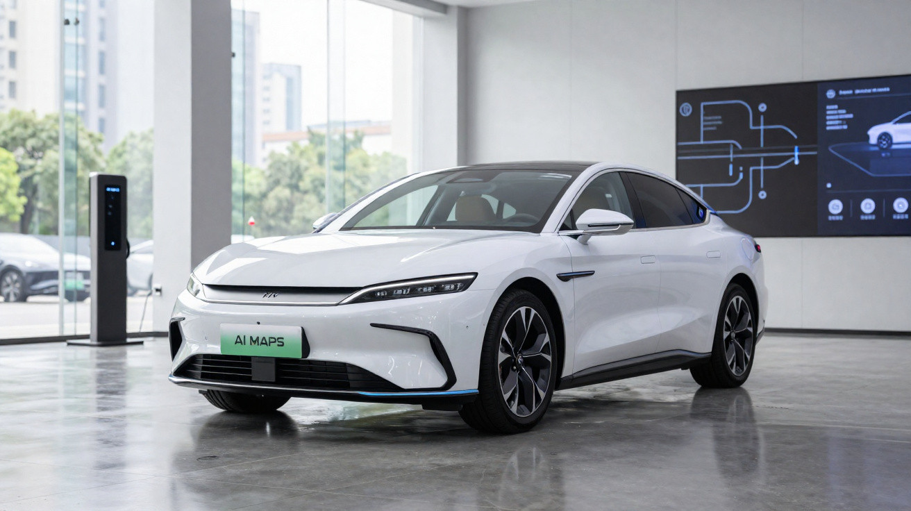 Carro elétrico branco estacionado dentro de uma loja moderna, com monitores digitais na parede.